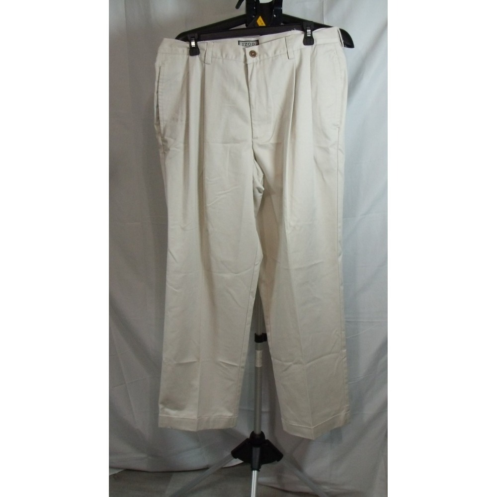 IZOD Mens 36x30 Beige Pleated Chino Comfort Cuffed Straight Leg Work Dress Pants